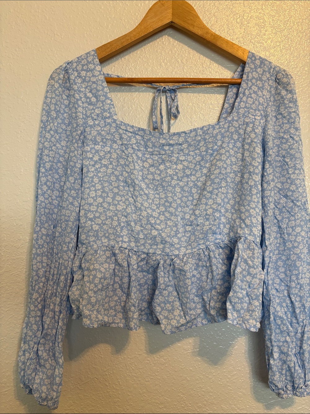 Light Blue Floral Square-Neck Peplum Top with Long Sleeves